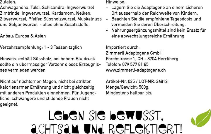 Nährwerte und Zutaten Zimmerli Adaptogene Adapto-Tee-Mix (100 g)