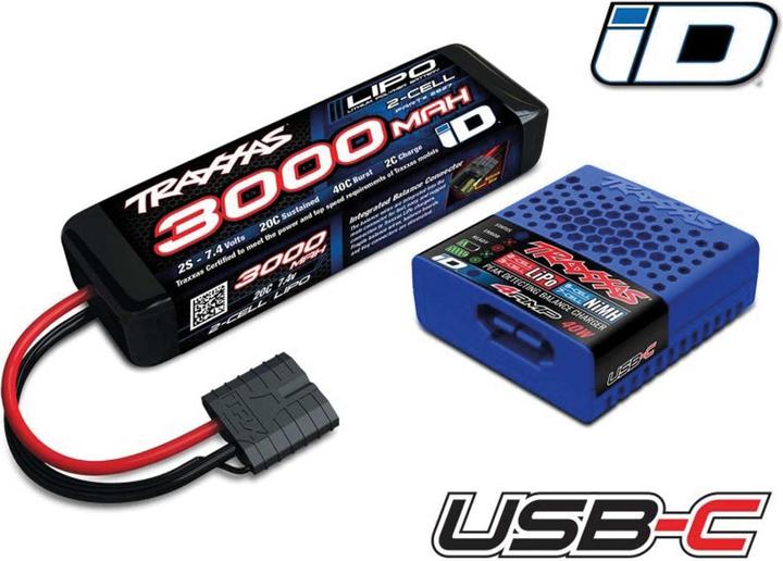 Traxxas USB-C 4A Lader + LiPo 3000mAh 2s 7,4V Set mit iD-Akkuerkennung (7.40 V, 3000 mAh)