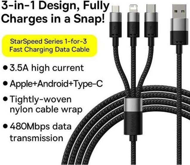 Image du produit Baseus 3 in 1 USB Ladekabel (0.60 m, USB 3.0)