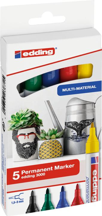 Image du produit Edding Marqueur permanent 3000 5 pièces, vert/jaune/bleu/rouge (Rouge, Noir, Bleu, Jaune, Vert, 3 mm, 5 x)