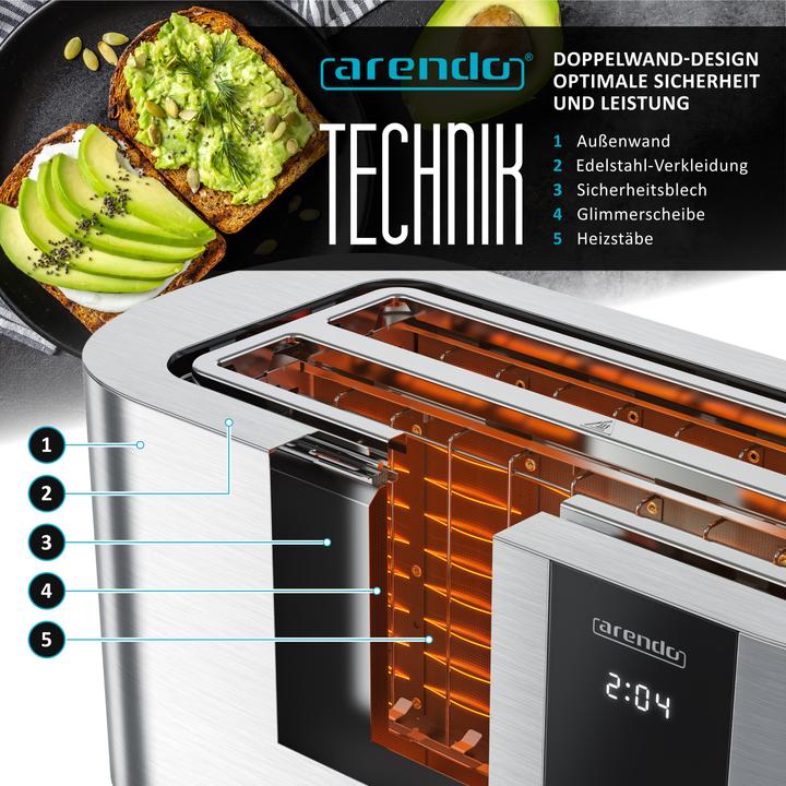 Immagine prodotto Arendo Toaster Edelstahl 4 Scheiben Langschlitz, Touch Display, Restzeit & Bräunungsgradanzeige, 1500 W (Spina UE)
