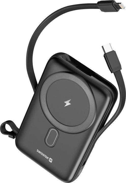 Swissten Power Bank 10000 Mah 20W (Magsafe Compatible) with Built-In Cables USB-C And Lightning (10000 mAh, 22.50 W, 38.50 Wh)