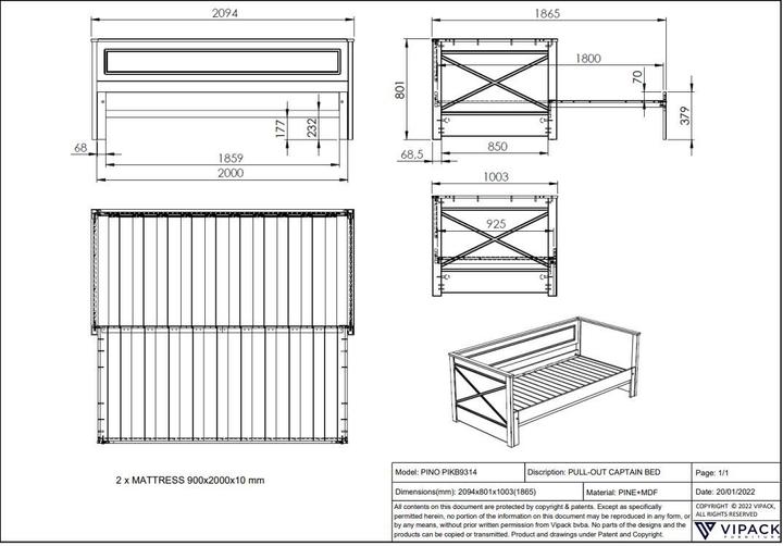 Valeurs nutritives et ingrédients Vipack Lit de pavillon Scott avec tiroir de rangement inclus (180 x 200 cm)