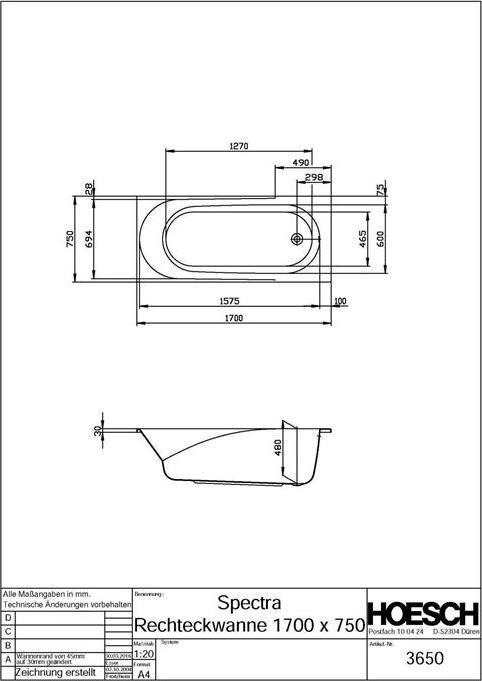 Image du produit Hoesch Baignoire SPECTRA 1700x750x480mm blanc (150 l, 170 cm, 75 cm)