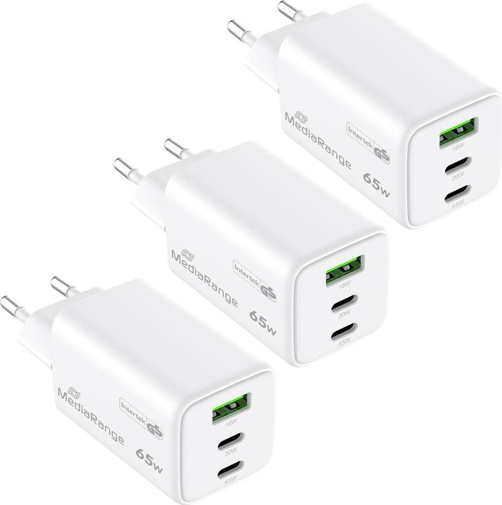 MediaRange Adattatore per la ricarica rapida, GaN, 2x USB-C e 1x USB-A, PD e QC, 65 watt, set di 3 (65 W)