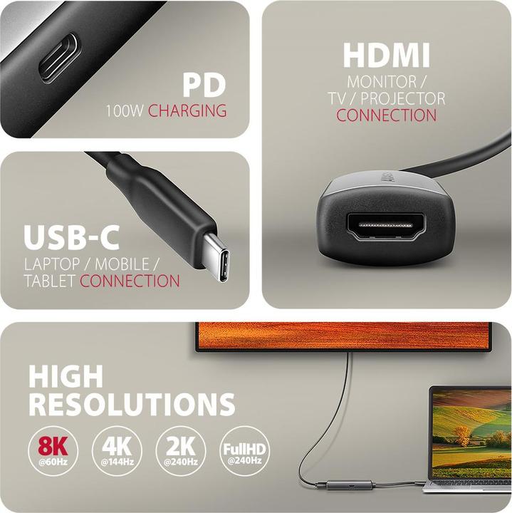 Actual product image Axagon RVC-HI8KPD, USB-C -> HDMI 2.1 adapter, 8K/60Hz, 4K/144Hz, HDR10+, PD100W (USB-C, 7.90 cm)