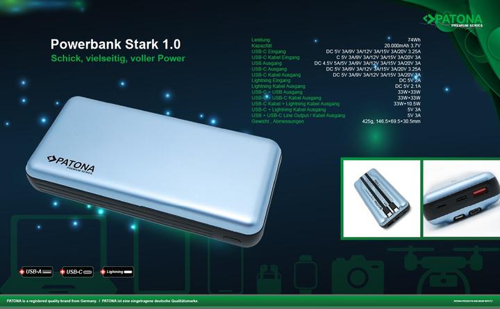 Immagine prodotto Patona Powerbank USB-C/ Luce 65W 20000 (20000 mAh, 65 W, 74 Wh)