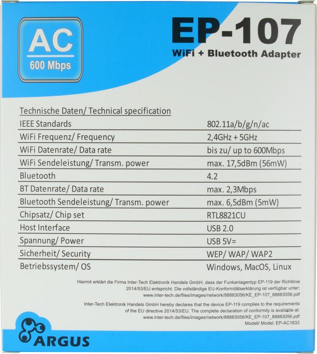 Energy Label Intertec USB Adapter EP-107 Wi-Fi and BT4.2 NT Argus,USB2.0,600Mbps (USB 2.0)