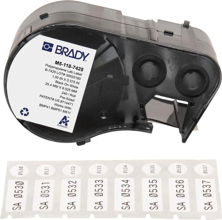 Produktbild Brady M5-118-7425, Polypropylen, Weiss, 25.40 x 9.53 mm, Durchmesser 9.53 mm (Deckeletikett), perma