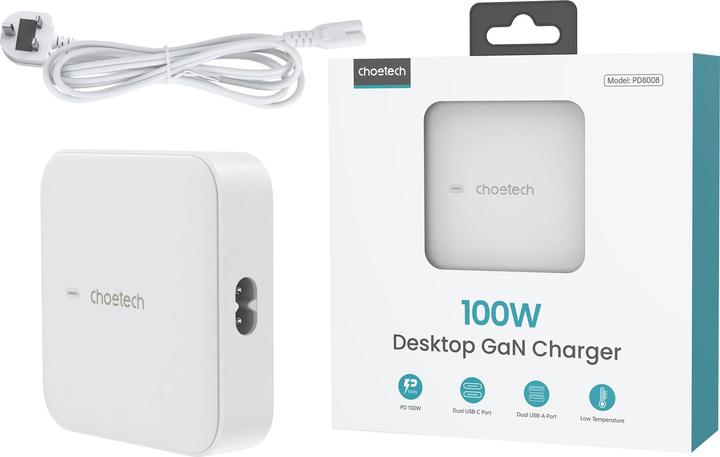 Produktbild Choetech PD8008 100W GaN-Schnellladegerät 2x USB-A / 2x USB-C - Weiss (100 W)