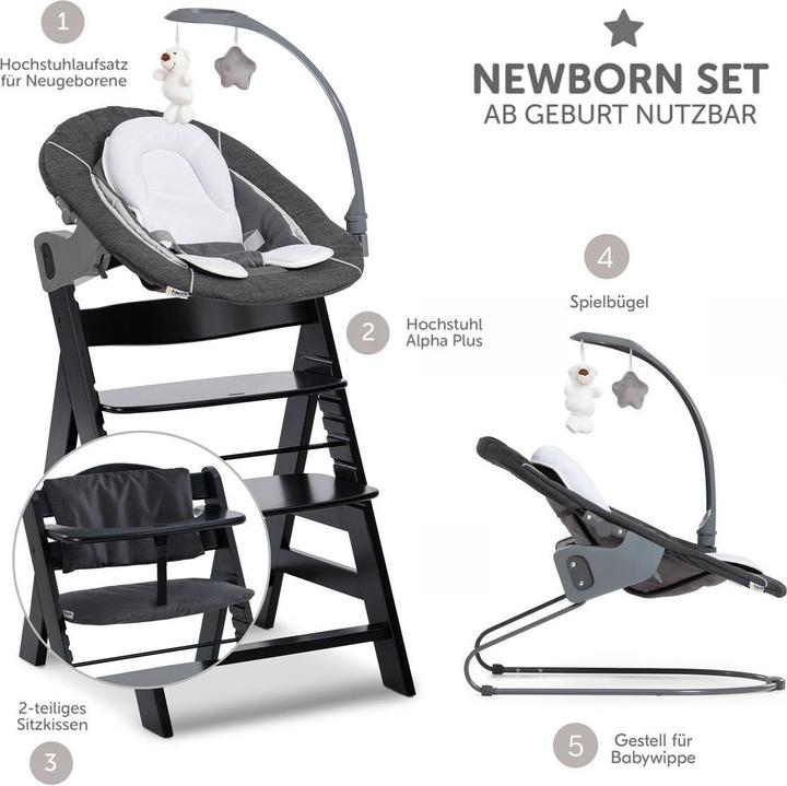 Actual product image Hauck Hochstühle Alpha Plus Black 4-tlg. Newborn Set Deluxe (Highchair)