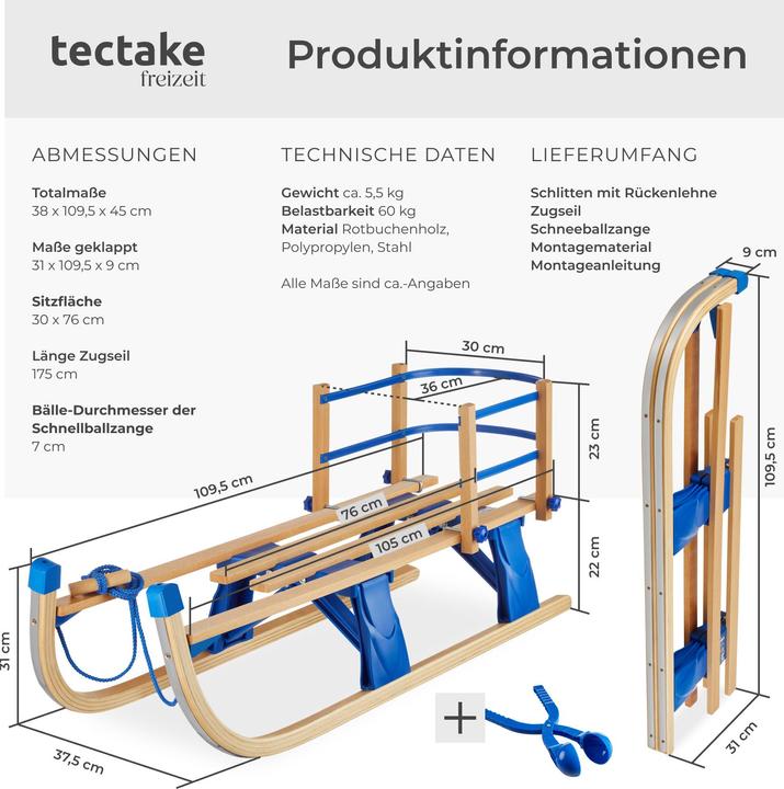 Immagine prodotto tectake Holzschlitten Vivian, klappbar mit Rückenlehne und Zugseil