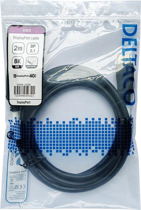 Actual product image Deltaco DisplayPort cable, DP 2.1, DP40, / DP40-1020 (2 m, DisplayPort)