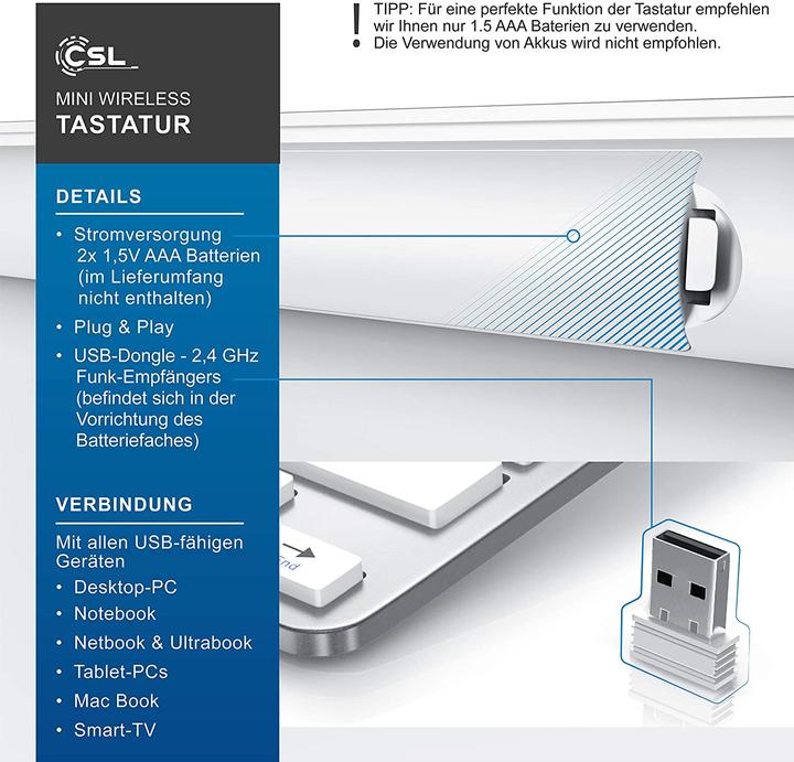 Actual product image CSL Wireless keyboard, 2.4Ghz Slim Design Mini Keyboard, space-saving, ergonomic, wireless, silver (DE, Wireless)